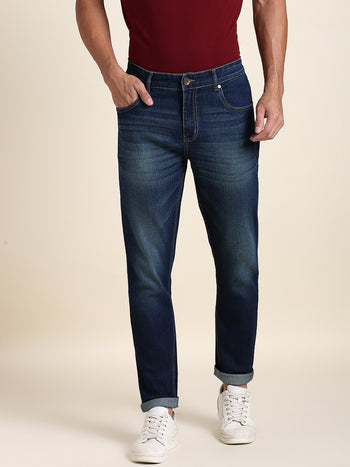 Men's Slim Fit Dark Blue Jeans With 5-Pockets Mid-Rise Stretchable Waistband & Belt Loops