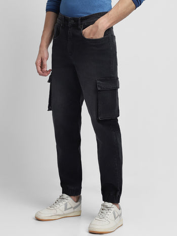 Men's Cargo Jogger Fit Washed Black Stretchable Jeans