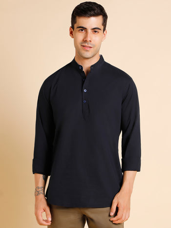 Men's Mandarin Collar Slim Fit Solid Navy Shirts