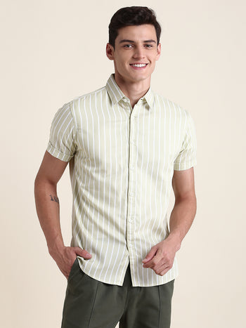 Men's Beige Striped Slim Fit Casual Shirt