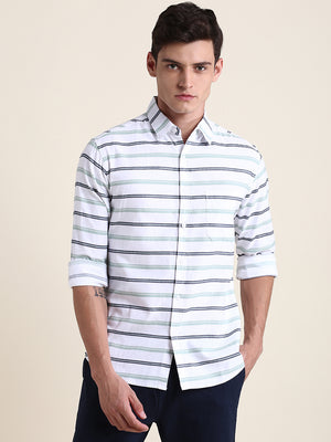 Dennis Lingo Men's White Striped Slim Fit Casual Shirt