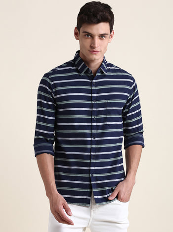 Men's Navy Striped Slim Fit Casual Shirt