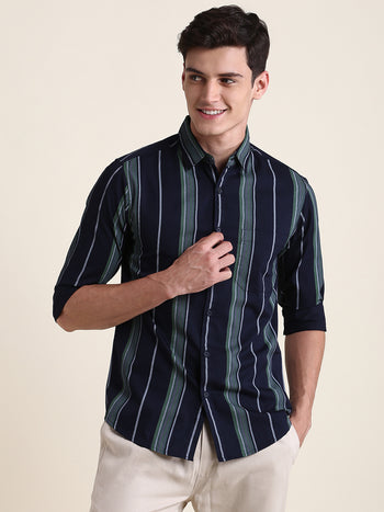 Men's Green Striped Slim Fit Casual Shirt