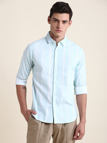 Men's Sage Green Striped Slim Fit Casual Shirt