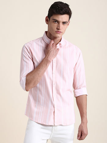 Men's Pink Striped Slim Fit Casual Shirt