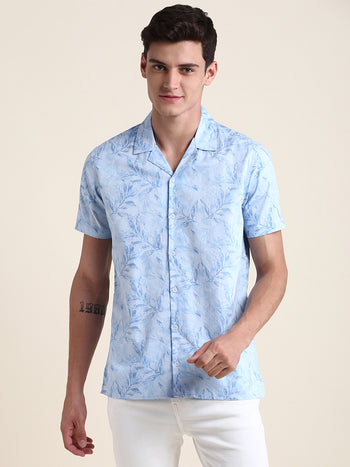 Men's Blue Leaf Print Slim Fit Casual Shirt