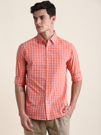 Men's Rust Checkered Print Slim Fit Casual Shirt