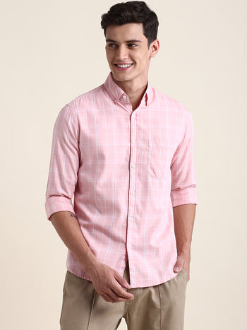 Men's Pink Checkered Print Slim Fit Casual Shirt