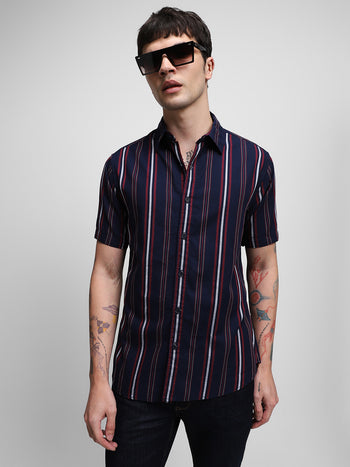 Men's Spread Collar Slim Fit Stripe Navy Shirts