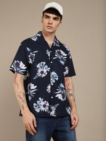 Men's Cuban Collar Regular Fit Print Navy Casual Shirt