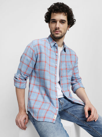 Men's Regular Collar Slim Fit Checks Blue Casual Shirt