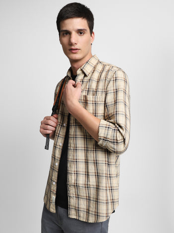 Men's Checks Khaki Spread Collar Casual Shirt