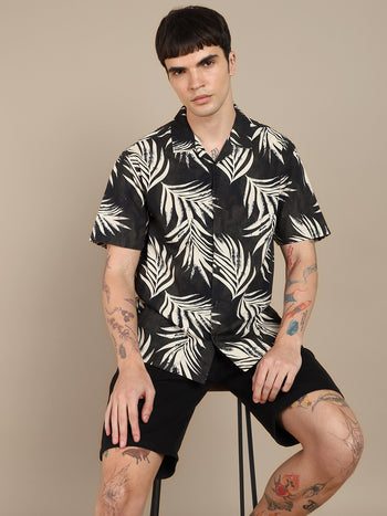 Men's Cuban Collar Regular Fit Print Black Casual Shirt