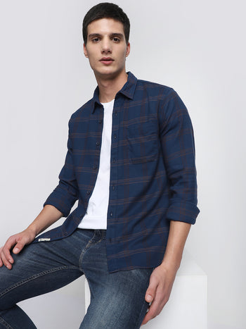 Men's Navy Blue Slim Fit Opaque Checked Casual Shirt