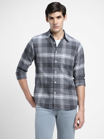 Men's Regular Collar Slim Fit Checks Grey Casual Shirts