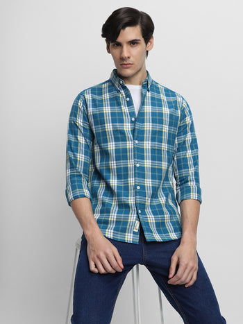 Men's Button-Down Collar Slim Fit Tartan Checks Opaque Cotton Casual Shirt