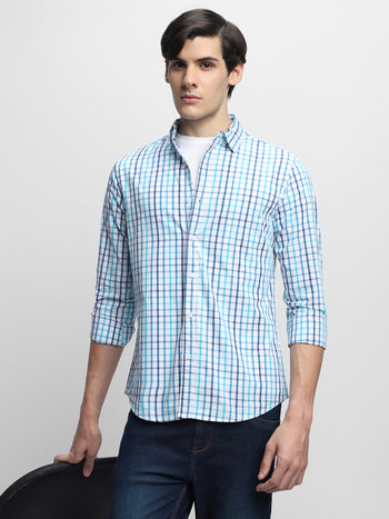 Men's Blue Spread Collar Micro checks Cotton Casual Shirt