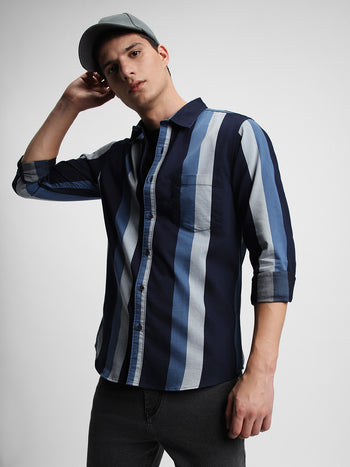 Men's Regular Collar Slim Fit Stripes Blue Casual Shirts