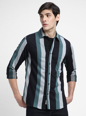 Men's Regular Collar Slim Fit Stripes Green Casual Shirts