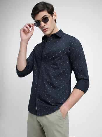 Men's Regular Collar Slim Fit Print Navy Casual Shirts