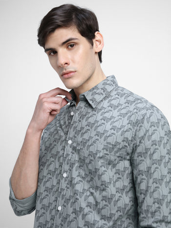 Men's Regular Collar Slim Fit Print Grey Casual Shirts