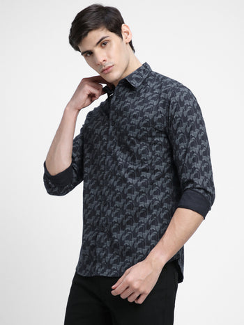 Men's Regular Collar Slim Fit Print Navy Casual Shirts