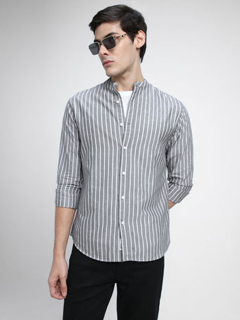 Men's Mandarin Collar Slim Fit Stripes Grey Casual Shirts