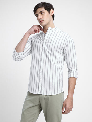 Men's Mandarin Collar Slim Fit Stripes White Casual Shirts