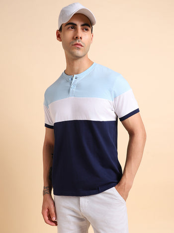 Dennis Lingo Colourblocked Henley Neck Pure Cotton Slim Fit T-shirt