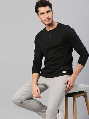 Dennis Lingo Men's Pure Cotton Solid Full Sleeves Henley T-Shirt (Black)