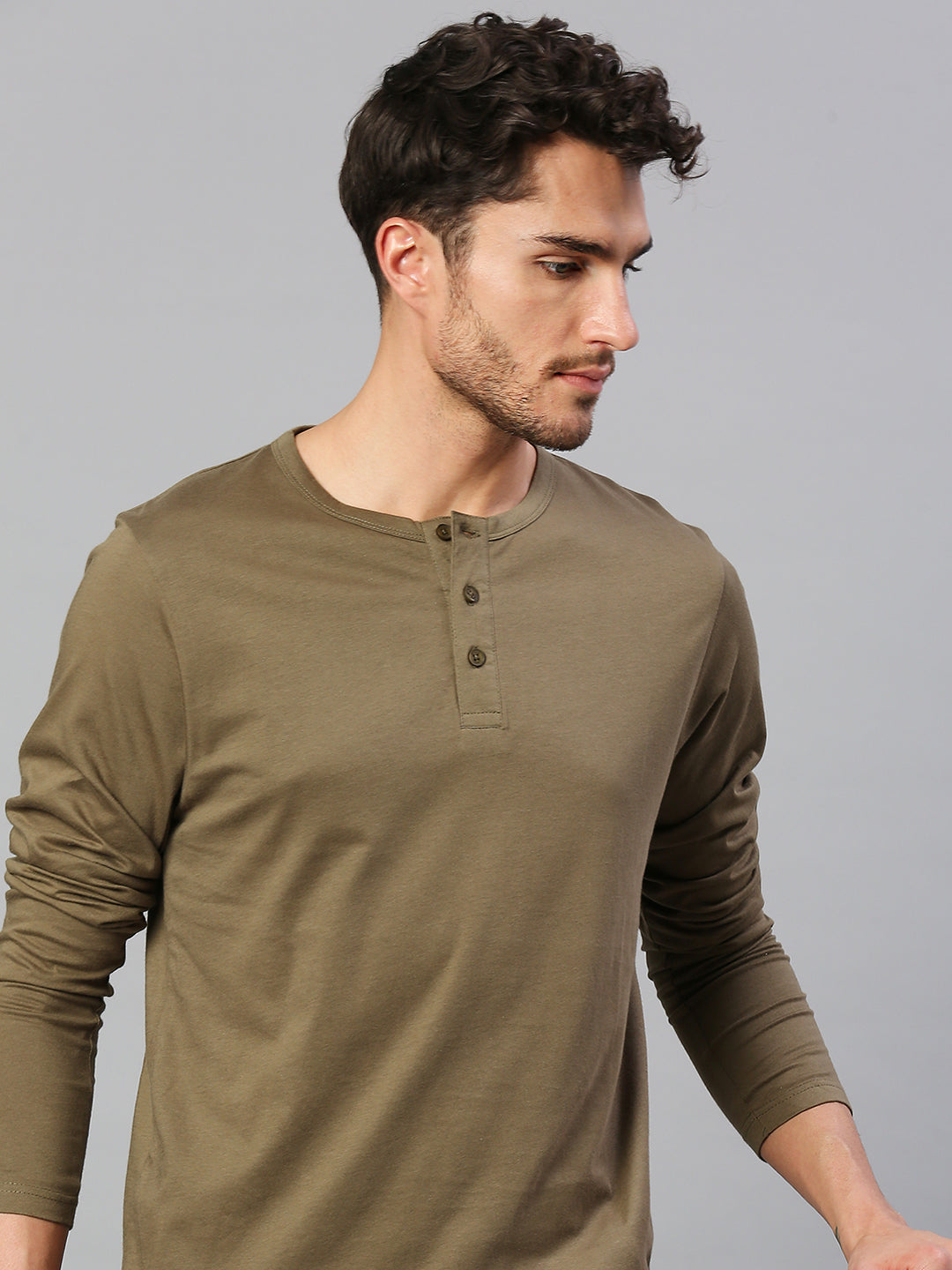Dennis Lingo Men's Pure Cotton Solid Full Sleeves Henley T-Shirt (Oliv ...