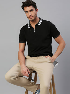 Dennis Lingo Men's Pure Cotton Solid Half Sleeves Polo T-Shirt (Black)