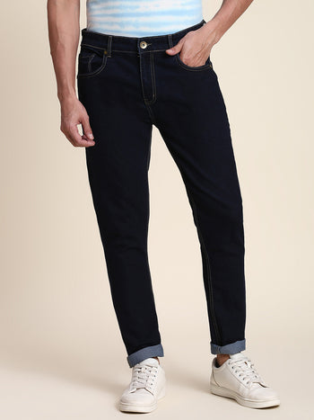 Men's Slim Fit Dark Blue Jeans With 5-Pockets Mid-Rise Stretchable Waistband & Belt Loops