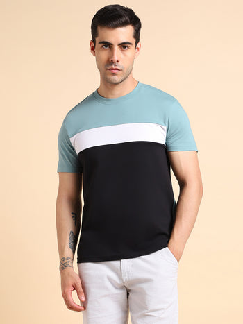 Men's Crew Neck Regular Fit Sea Green Colorblock T-Shirt