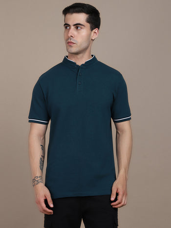 Men's Teal Solid Polo Collar T-shirt