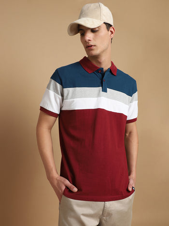 Dennis Lingo Colourblocked Polo Collar Pure Cotton T-shirt