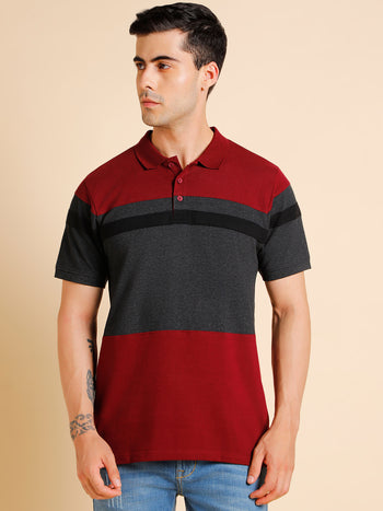 Men's Slim Fit  Colorblocked Maroon Polo T-Shirt