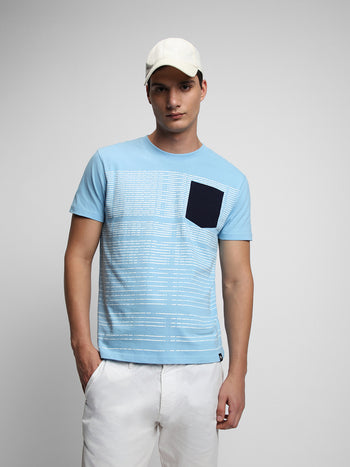 Men's Striped Crew Neck Pure Cotton Blue T-Shirt