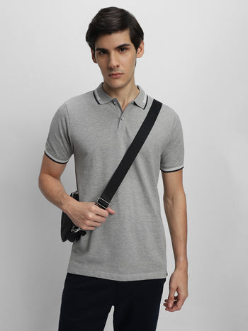 Men's Spread Collar Regular Fit Solid Grey Melange T-shirt