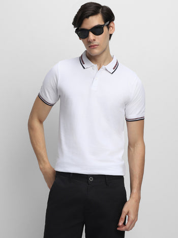 Men's Spread Collar Regular Fit Solid White T-shirt