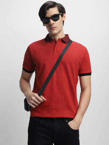 Men's Spread Collar Regular Fit Solid Rust T-shirt