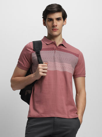 Men's Spread Collar Regular Fit Stripes Pink T-shirt