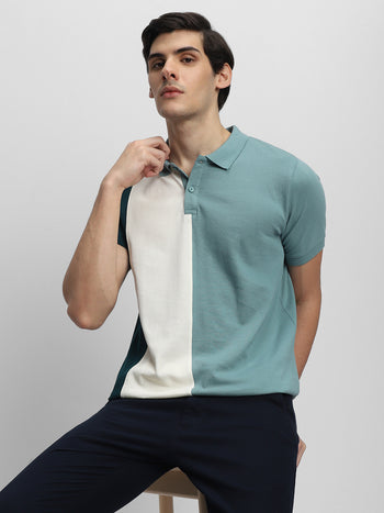 Men's Spread Collar Regular Fit Colorblock Green T-shirt