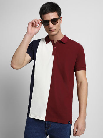 Men's Spread Collar Regular Fit Colorblock Maroon T-shirt