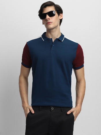 Men's Spread Collar Regular Fit Colorblock Navy T-shirt