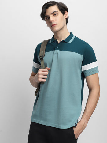 Men's Spread Collar Slim Fit Colorblock Sea Blue T-shirt