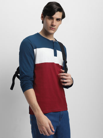 Dennis Lingo Colourblocked Henley Neck Pure Cotton T-shirt