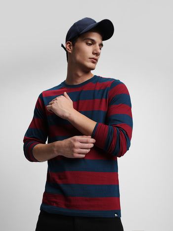 Men's Striped Crew Neck Pure Cotton Maroon T-Shirt