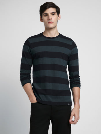 Men's Striped Crew Neck Pure Cotton Navy Blue T-Shirt