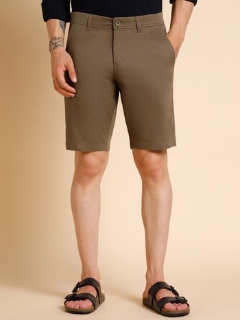 Men's Khaki Solid Cotton Shorts